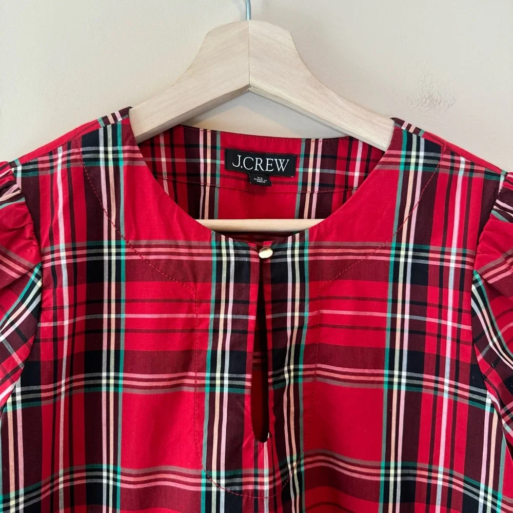 J. Crew Puff-sleeve Poplin Top in Good Tidings Plaid Keyhole Red Green Blouse XS